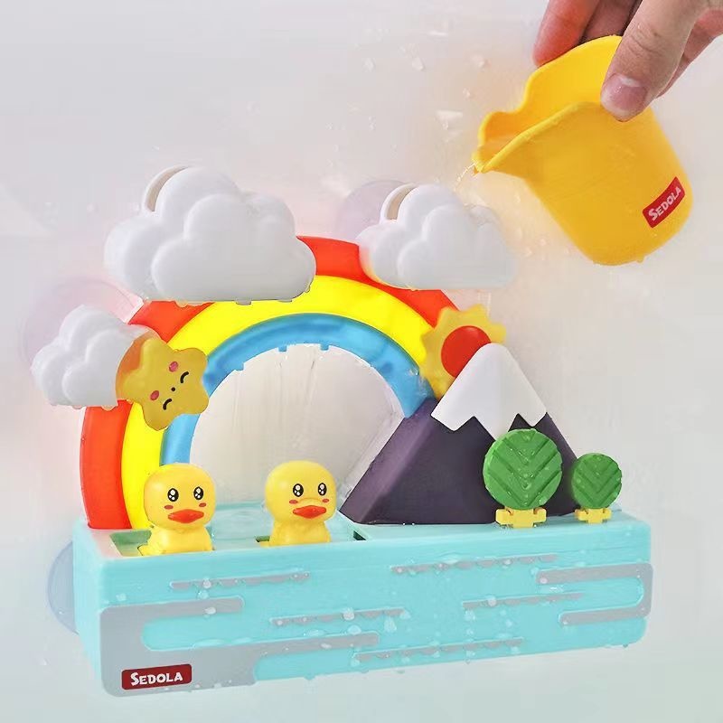 ของเล่นเด็ก DIY สไลด์แทร็กท่อเป็ดสีเหลืองห้องน้ําอ่างอาบน้ําเล่น Rainbow ฝักบัวน้ําของเล่นเพื่อการศึกษาเด็ก