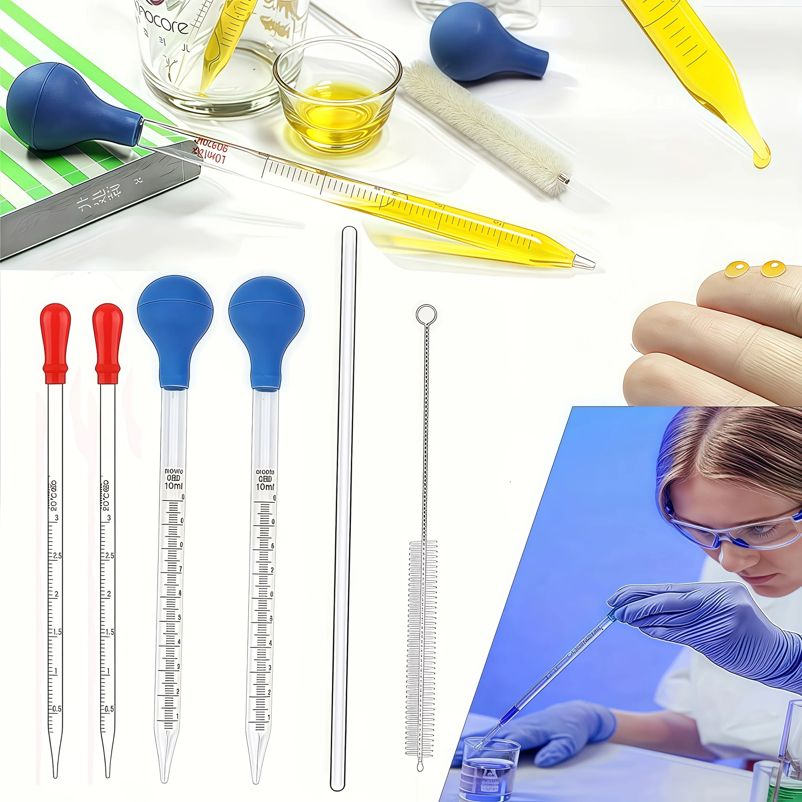 Pipetta in vetro, contagocce in vetro 3ML/10ML con agitatore in vetro, spazzola per la pulizia 2PCS/4PCS
