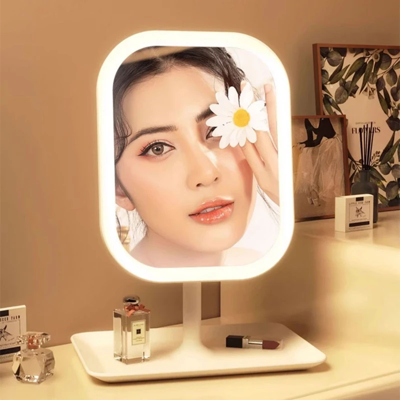 Espejo de tocador de escritorio moderno de nicho, espejo de maquillaje LED con luz de 3 colores, espejo táctil, espejo de tocador para dormitorio de mujer
