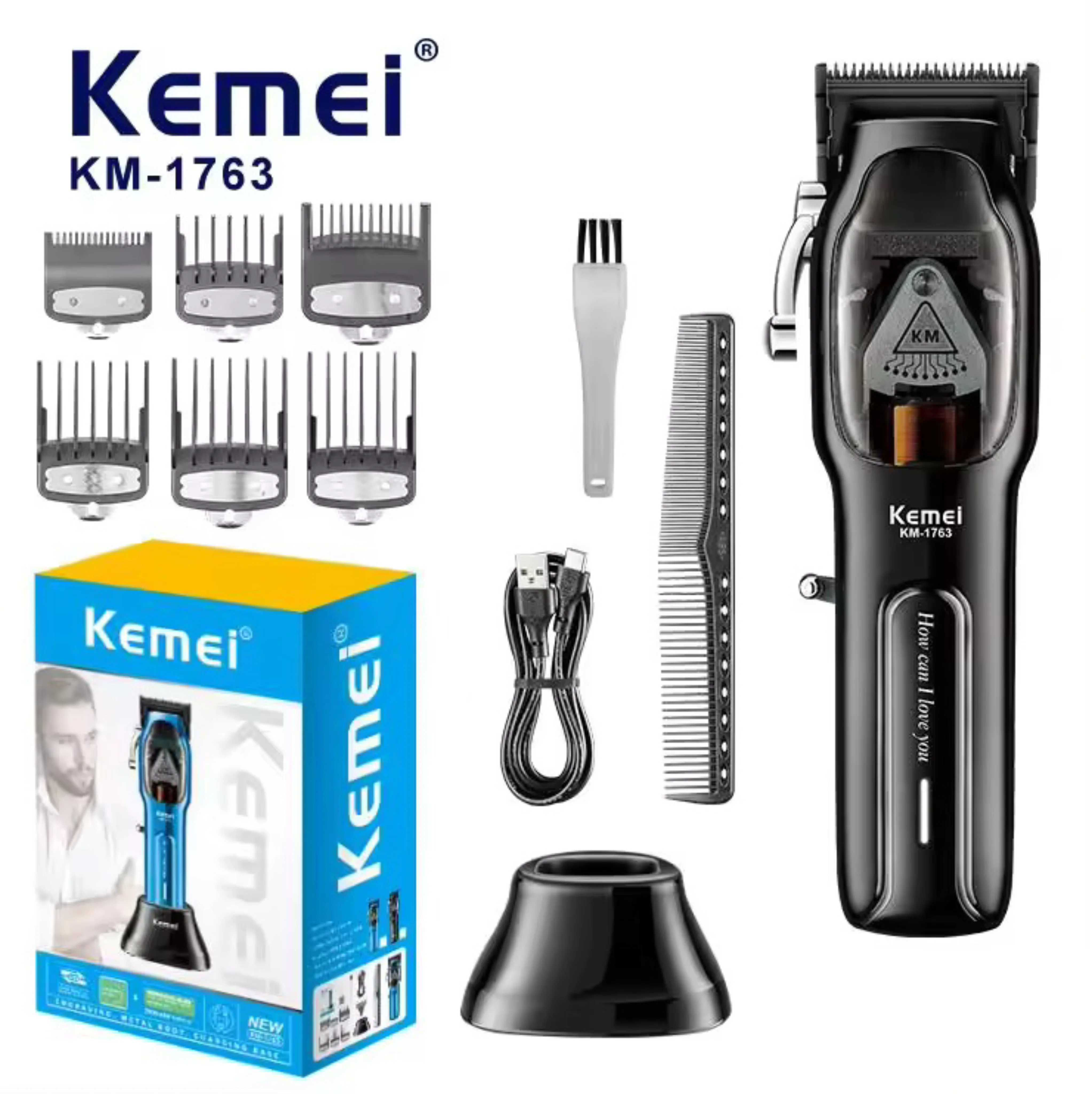 Kemei Barber Hochgeschwindigkeitsmotor, 9000 U/min, elektrischer Haarschneider, wiederaufladbarer professioneller Haarschneider mit LadestationKM-1763