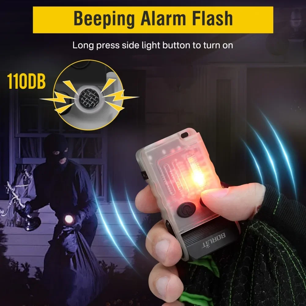 BORUiT V20-1 Schlüsselanhänger EDC LED UV-Taschenlampe Typ C wiederaufladbare Taschenlampe Summer Arbeitsleuchte mit Clip-Magnet Camping-Taschenlaterne
