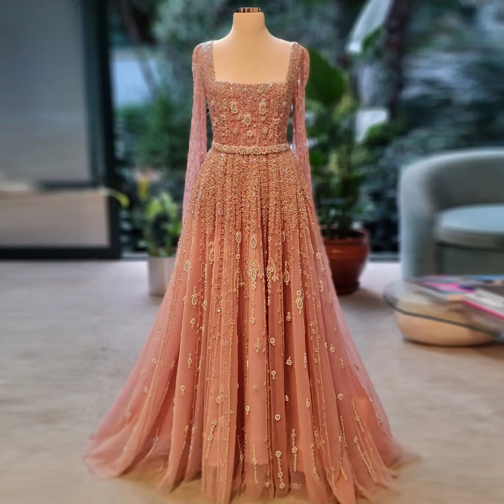 Sharon Said Luxury Pink Dubai Evening Dress for Women Wedding Square Neck Cap Sleeves Muslim Formal Party Gowns SS494 Customized