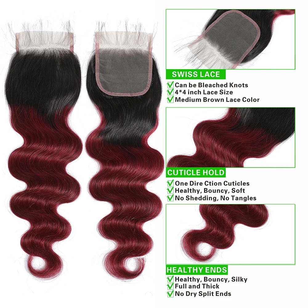 1b99j onda do corpo pacotes com fechamento brasileiro tecer cabelo humano pacotes com 4x4 fechamento do laço extensão do cabelo 3/4 pacotes remy