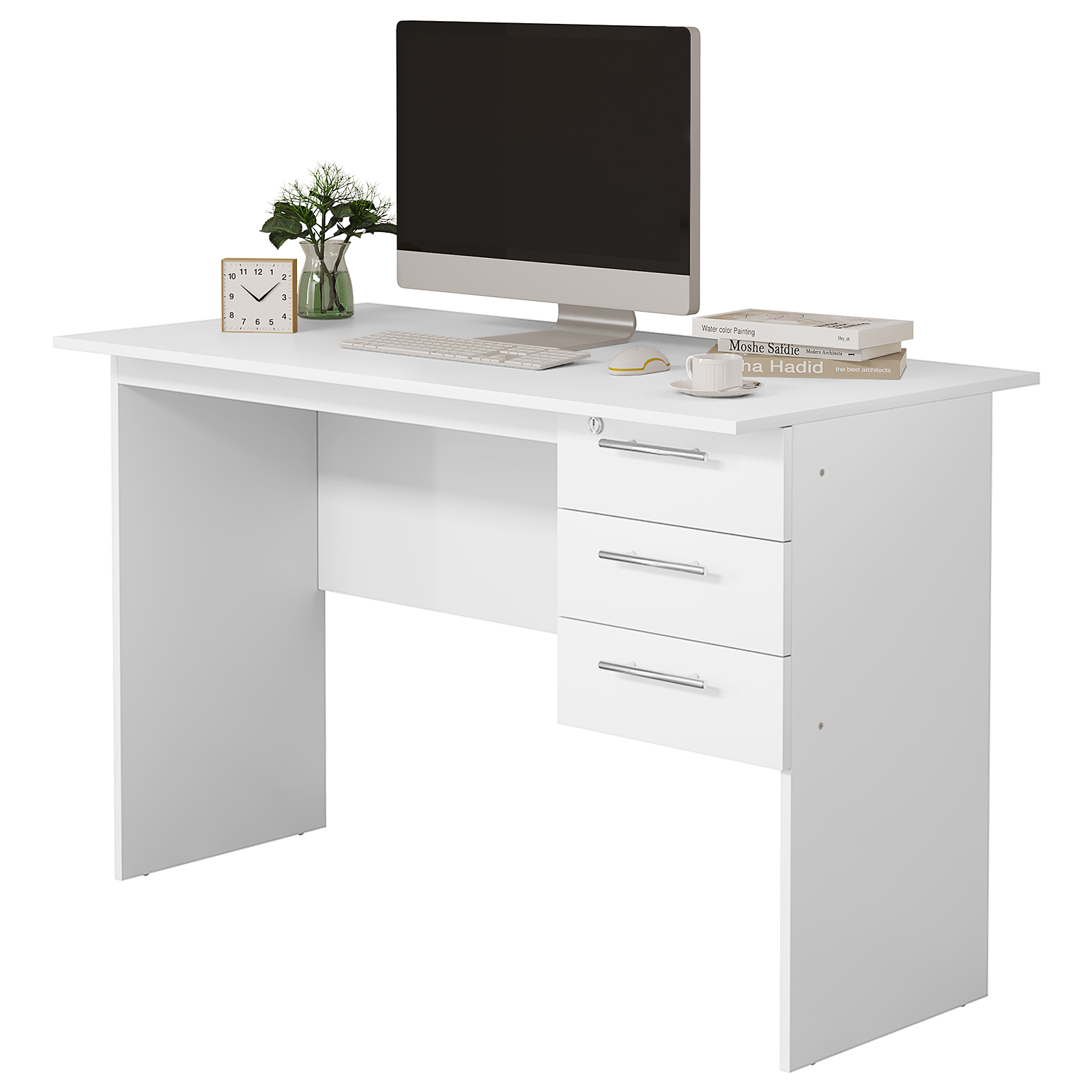 WOLTU Scrivania per computer da ufficio Tavolo in truciolare nero/bianco Tavolo da lavoro per PC con serratura 3 cassetti per tavoli da scrittura per camera da letto