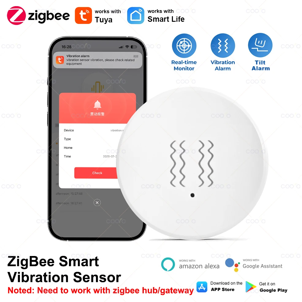 Tuya Zigbee Smart Trillingssensor Kanteldetectie Smart Life App Melding Real-Time Motion Shock Alarm Record