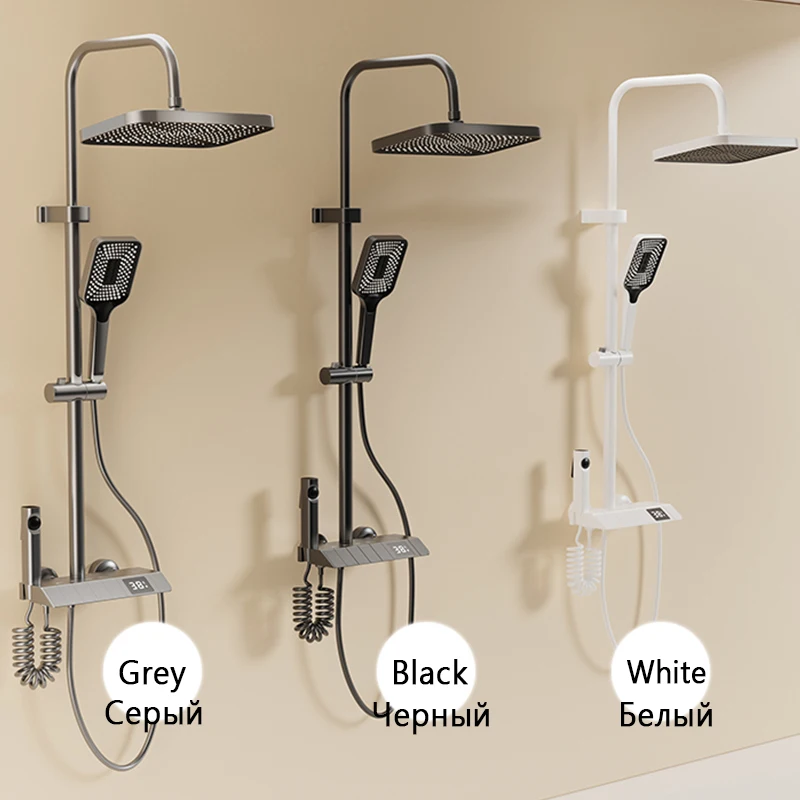 Juego completo de ducha de baño, Sistema de ducha de bañera negro, blanco y gris, juegos de ducha LED digitales presurizados con lluvia, grifo de ducha frío y caliente Top 1 juego de ducha de cobre de 4 vías