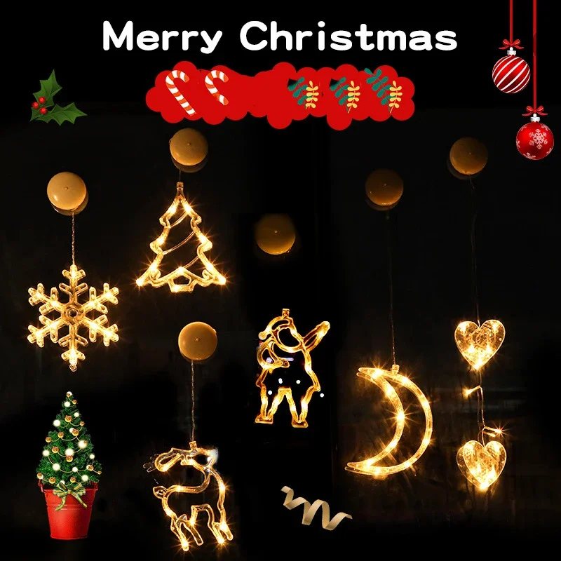 Decoración navideña, luces con ventosa, lámpara decorativa Led de Papá Noel, iluminación de árbol de Navidad en sala de estar, vitrinas