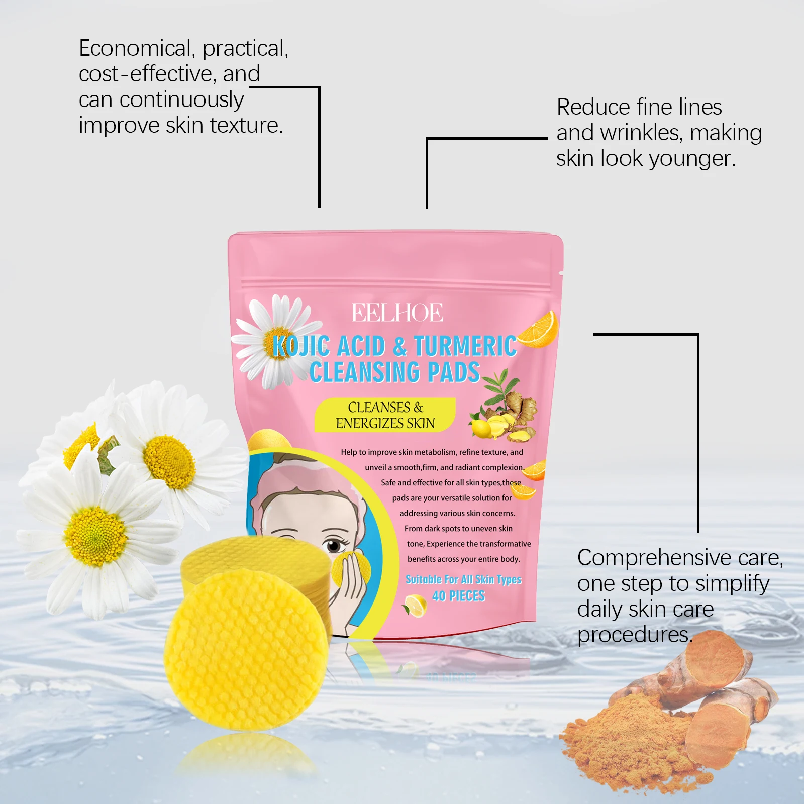 Il tampone detergente all'acido cogico alla curcuma esfolia delicatamente la pelle pulisce in profondità e schiarisce le macchie mantiene l'acqua e l'equilibrio dell'olio