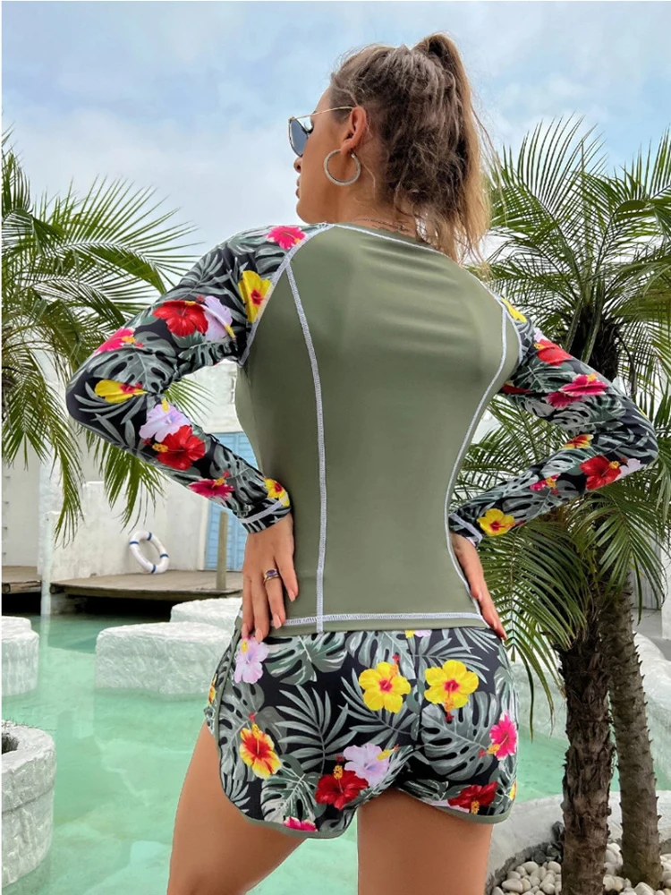 2024 neue Tankini Frauen Badeanzug Tropical Print Bikini Set Langarm Bademode Sommer Shorts Bademode Weiblichen Badeanzug