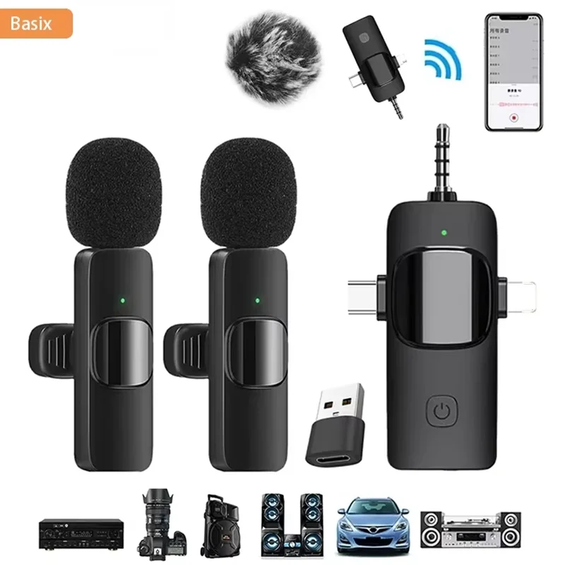 Basix Professional 4w1 bezprzewodowy mikrofon krawatowy dla iPhone Android 3,5 mm do nagrywania na żywo Mini mikrofon z redukcją szumów