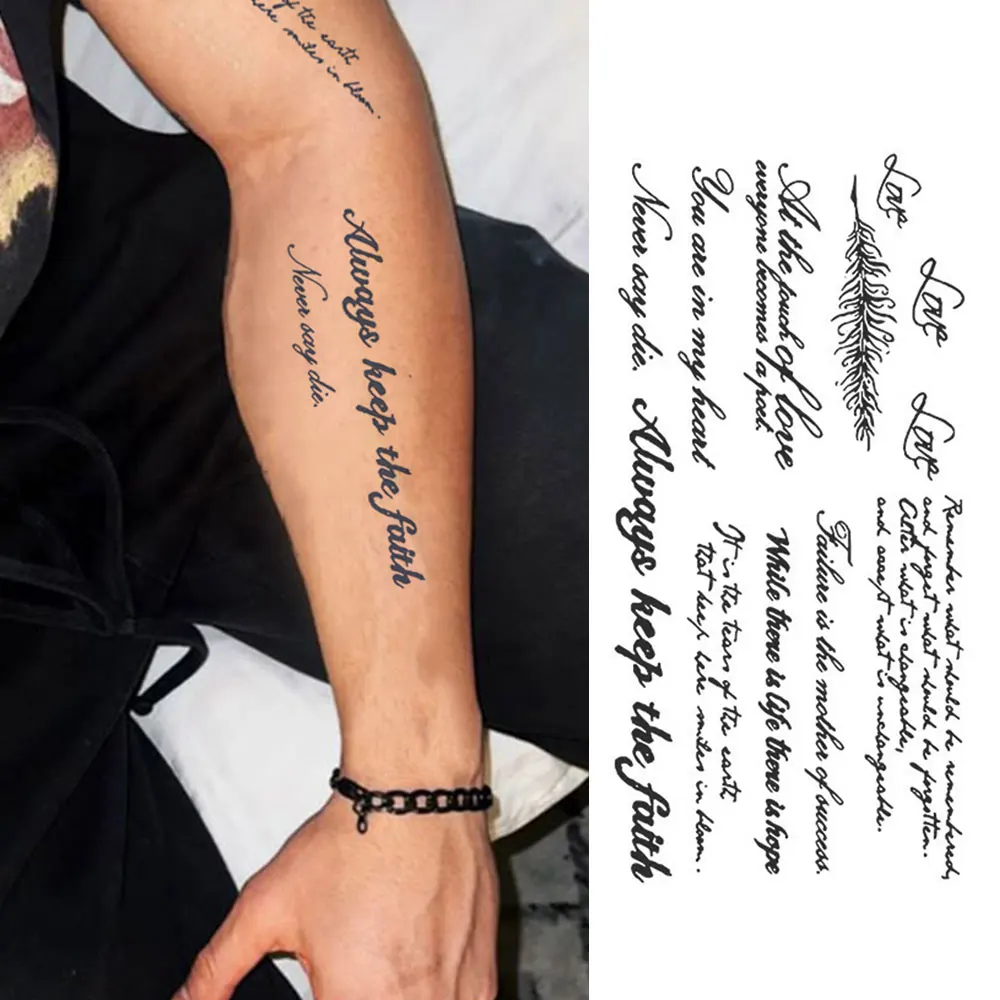 Saft Tinte Anhaltende Englisch Wort Wasserdicht Temporäre Tattoo Aufkleber Schwarz Brief Feder Schriftarten Gefälschte Tattoo Körper Kunst Männer Frauen Arm