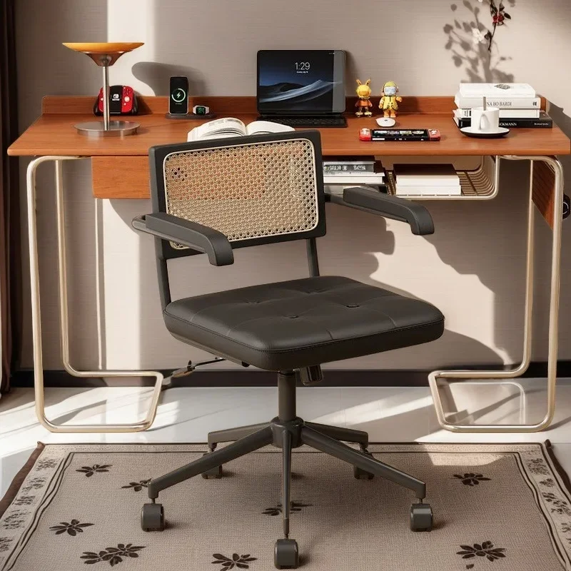 Middle Ancient Office Chair Ergonomic Armrest Desk Chair Rattan Weave Learning Computer Seat Leather Cushion Executive Chairs