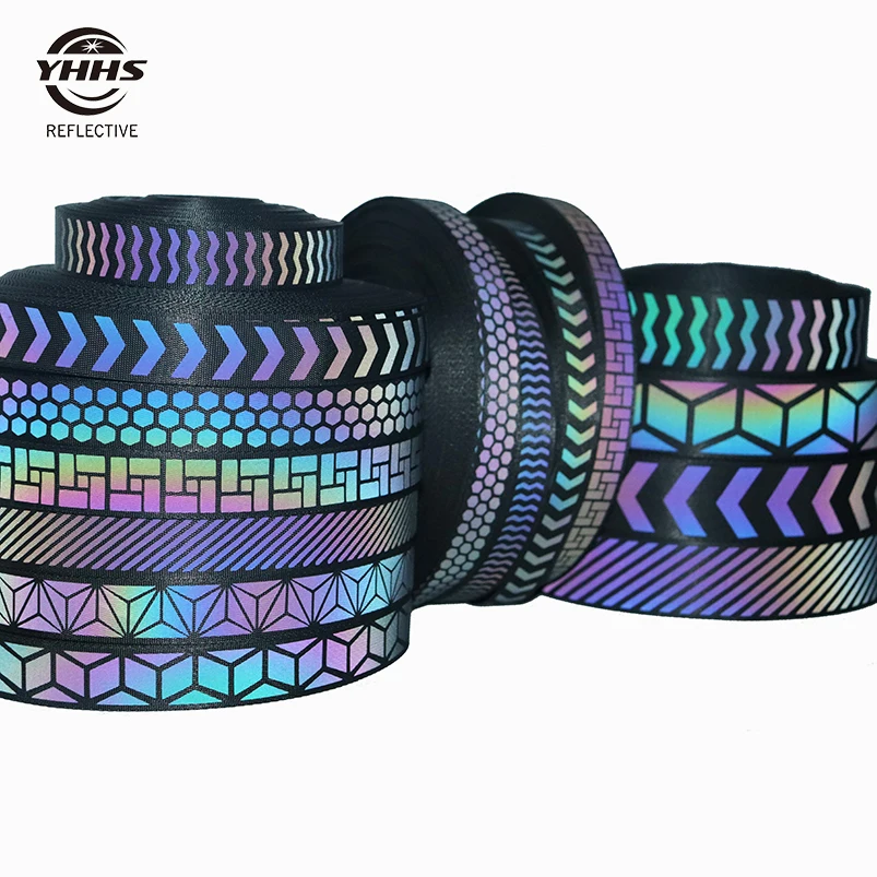 Wholesale Rainbow Reflective Webbing with Black Tape Magic Gradient Garment Accessories  For Pet Collar Or Keychains
