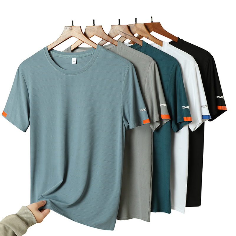 メンズ夏のアイスシルク Tシャツトレーナーラウンドネックシンプルなランニングフィットネススーツ薄型通気性速乾性 T