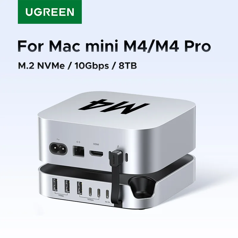Док-станция UGREEN USB-концентратор для Mac Mini M4 M4 Pro M.2 NVMe SSD 8 ТБ Макс. 10 Гбит/с USB-A&C Порты SD&TF 170 Мбит/с USB-разветвитель Док-станция
