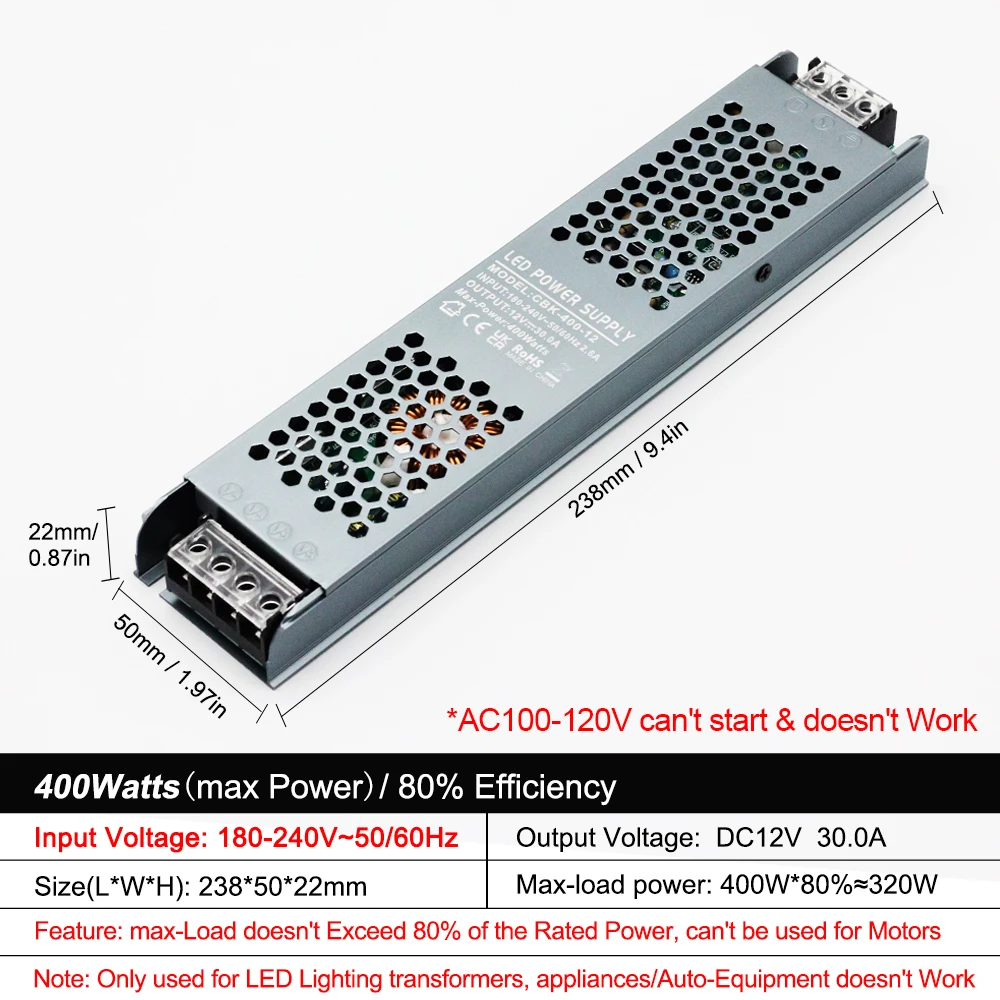 Adaptador de alimentação led silencioso ultrafino ac 180v-240v 400w dc 12v/24v transformador de iluminação led adequado para barras de luz led/tela