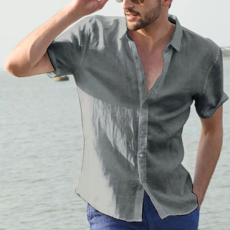 Camicia casual a maniche corte da uomo Street Wear Camicia con bottoni in cotone e lino tinta unita per uomo Camicetta da vacanza vintage M-3XL