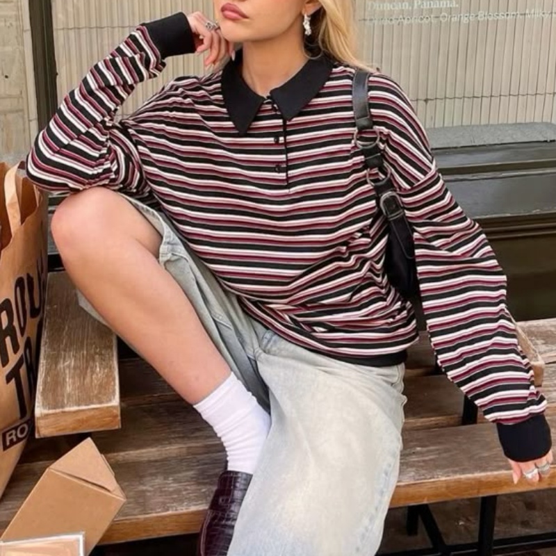 Frauen Gestreiftes Rugby-Shirt Reverskragen Vintage Oversize Langarm Pullover Y2k T-Shirt Lässige Sweatshirts