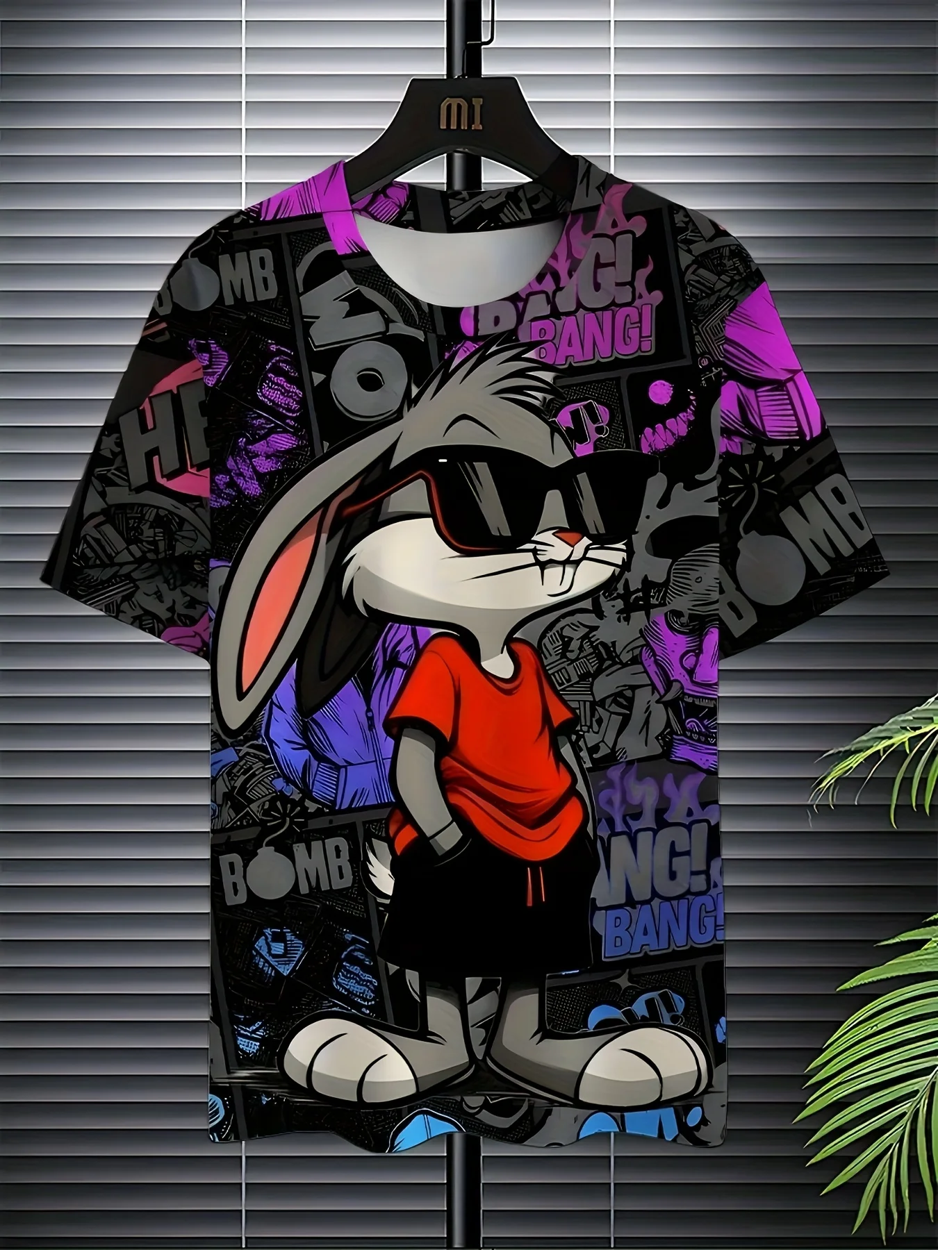 Camiseta con estampado de conejo en 3D para hombre |   Tela de poliéster elástico suave |   Top casual de punto de verano con negrita \