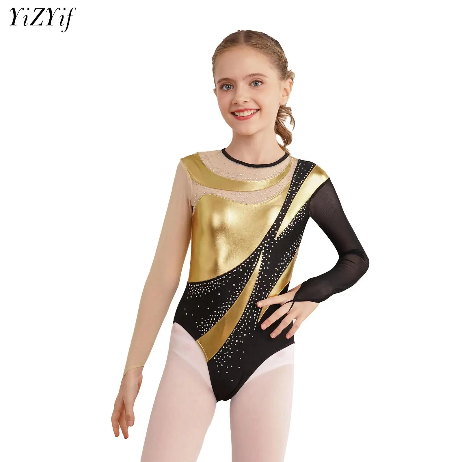 Kinder Mädchen Rhythmische Gymnastik Trikot Ballett Tanz Tragen Eiskunstlauf Kostüm Glänzende Metallic Kontrast Langarm Body