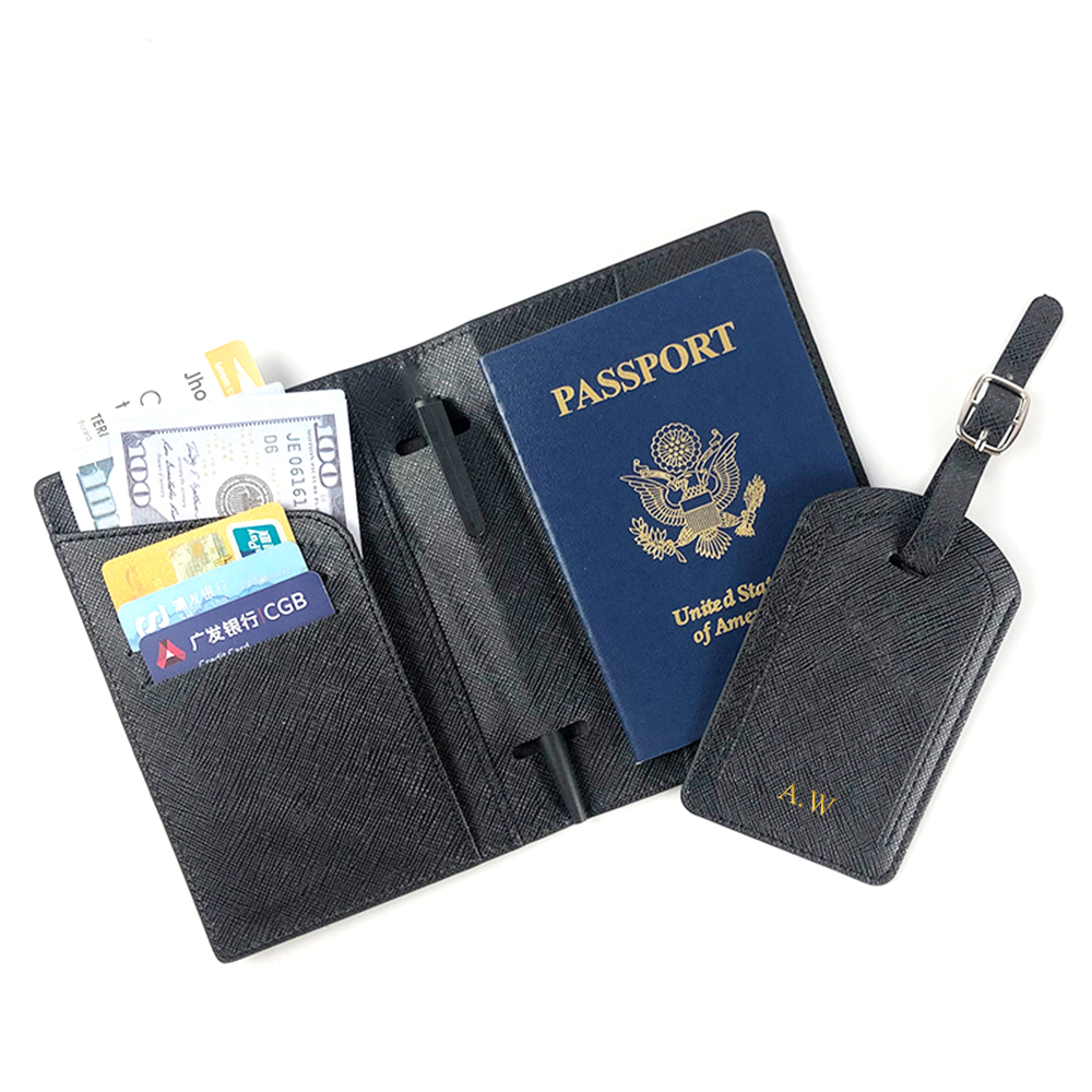 Nome personalizado capa de passaporte conjunto de etiqueta de bagagem moda saffiano couro do plutônio bilhete titular do passaporte personalizar letras bolsa de viagem