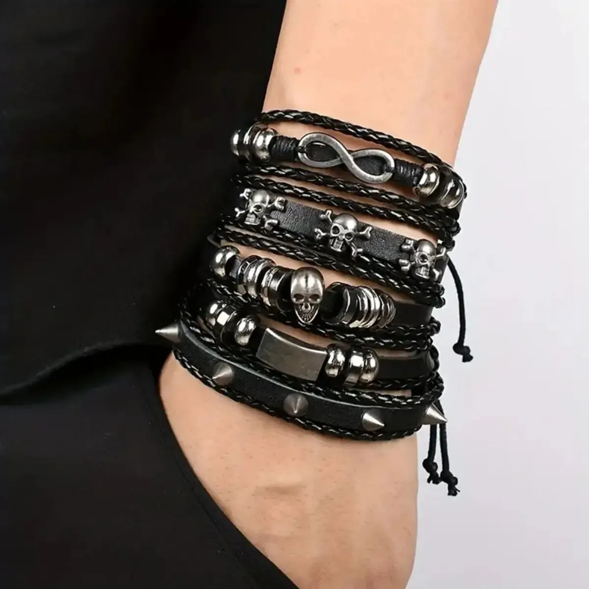 Conjunto de pulseira estilo punk trançado diy de metal 5 peças, com couro pu e miçangas