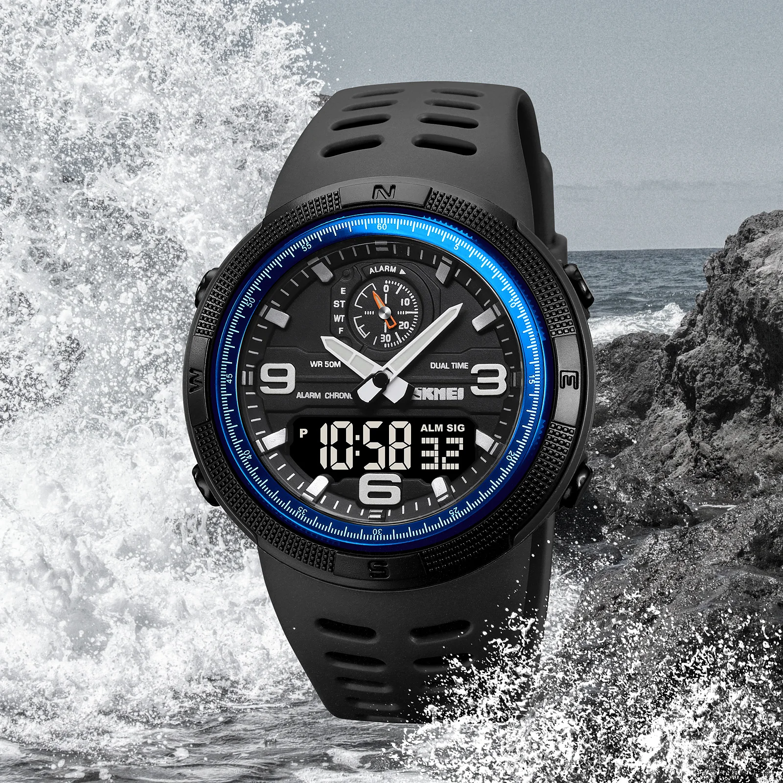 SKMEI 1655 Reloj electrónico para deportes al aire libre para hombres Pantalla dual Reloj de exploración para estudiantes multifuncional resistente al agua