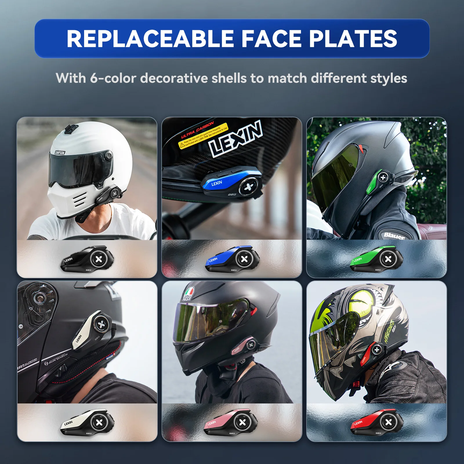 2023 Neue Lexin G2P-Gegensprechanlage für Motorradhelm-Bluetooth-Headsets, Freisprech-Kommunikator für bis zu 6 Fahrer, Gegensprechanlage mit FM