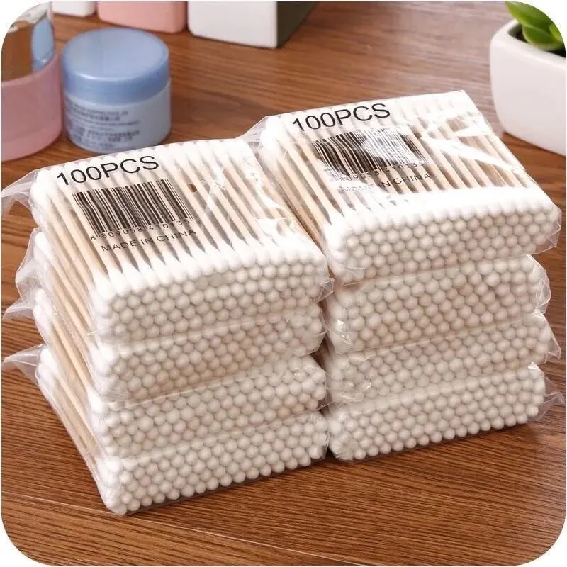 100 uds/500 Uds hisopo de algodón de madera de doble cabeza limpieza de nariz y oídos herramientas de maquillaje para mujeres bastoncillos de punta de bastoncillos de algodón Lipstik