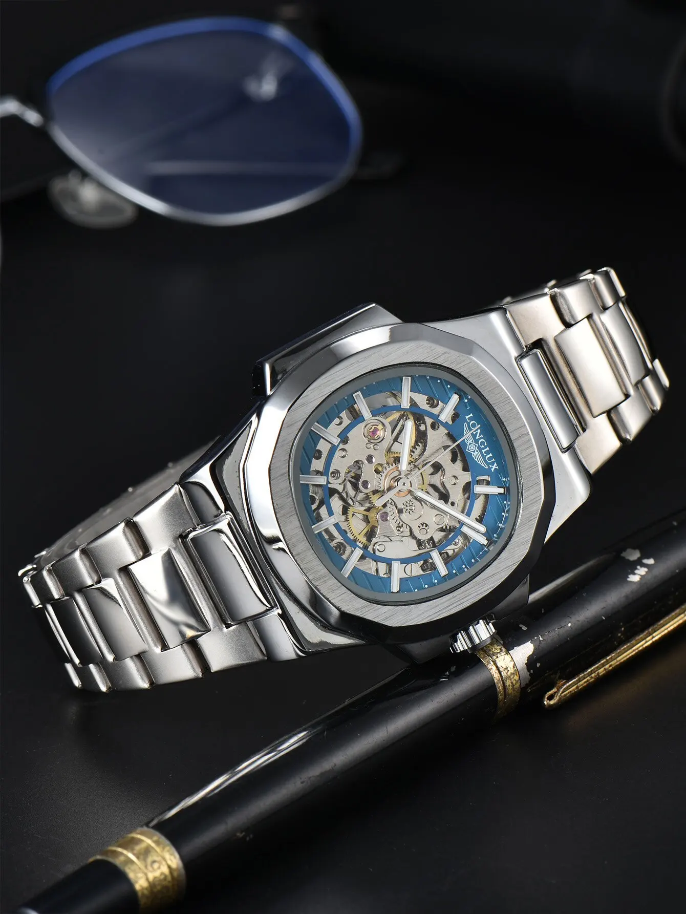 Reloj mecánico automático LONGLUX para hombre, relojes de lujo, esqueleto resistente al agua, reloj de regalo de acero inoxidable barato al por mayor para negocios