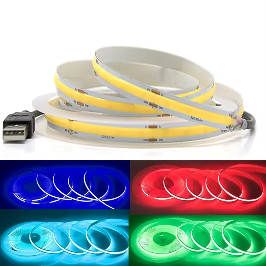 Tira de lámpara COB USB DC5V 320LEDs/M blanco/rojo/rosa/azul hielo/amarillo lámpara de luz para gabinete retroiluminación de TV cinta Flexible tira de LED