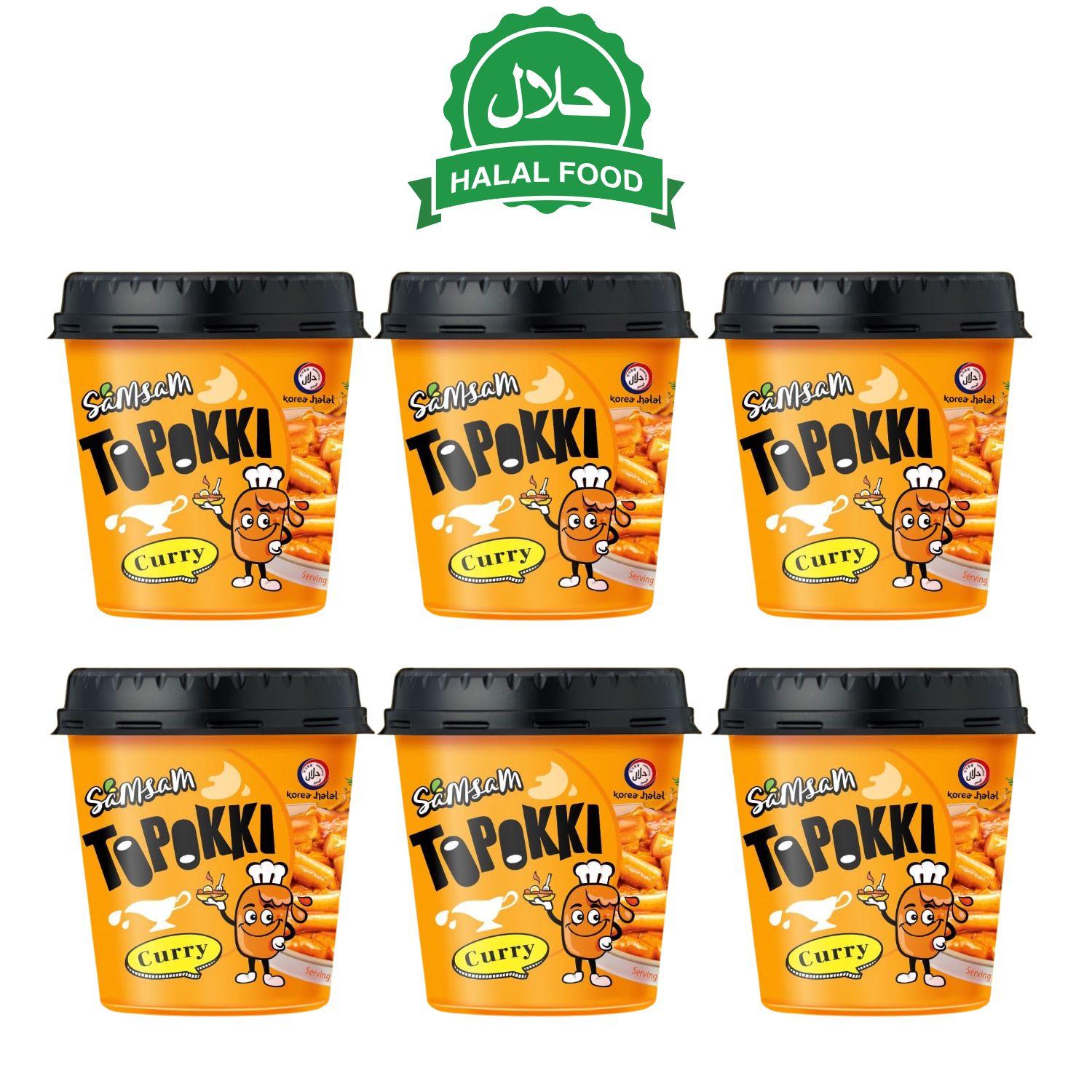 Samsam ,  Toppokki Curry Mild Spicy Rice Cake Halal Certificated Korean Snack（Pack of 6 cup）