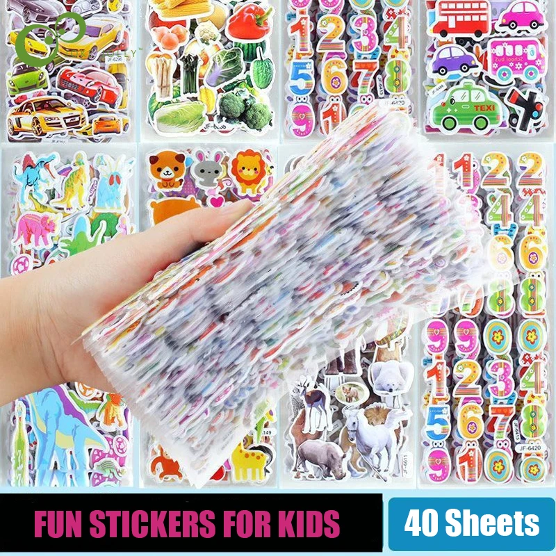 40 fogli adesivi 3D per bambini piccoli adesivi gonfi pacchetto di varietà per Scrapbooking Bullet Journal giocattoli per bambini ragazze ragazzo