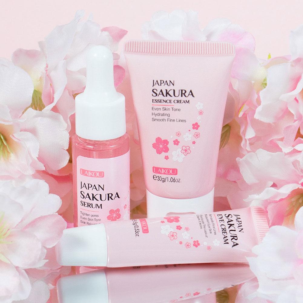 Kit da 3 pezzi per donna Sakura Set per la cura della pelle crema per il viso essenza per il viso siero per gli occhi Set per la cura della pelle del viso confezione regalo del prodotto