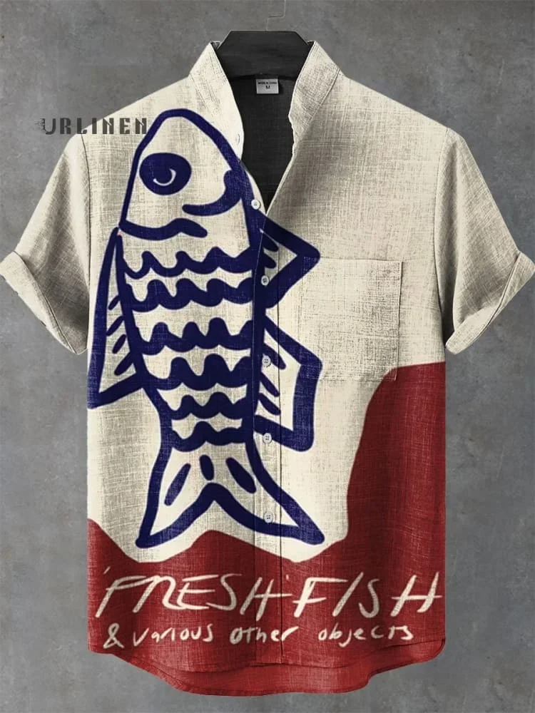 2025 Summer Blue Fish Line Retro 3D Printed Casual Fashion 100% Linen Men's Short sleeved Stand up Collar Shirt