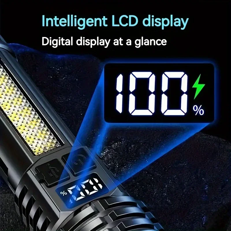 Rechargeable High Power LED Flashlight Zoomable Torch with LCD Display, Emergency Side Light, Waterproof Camping or Outdoor Use
