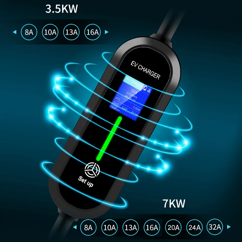 Acodo EV Portable Charger 7KW Type 2 Type 1 GBT 5M Length 4 Currents modes WallBox With Display Booking Time Car Fast Charge