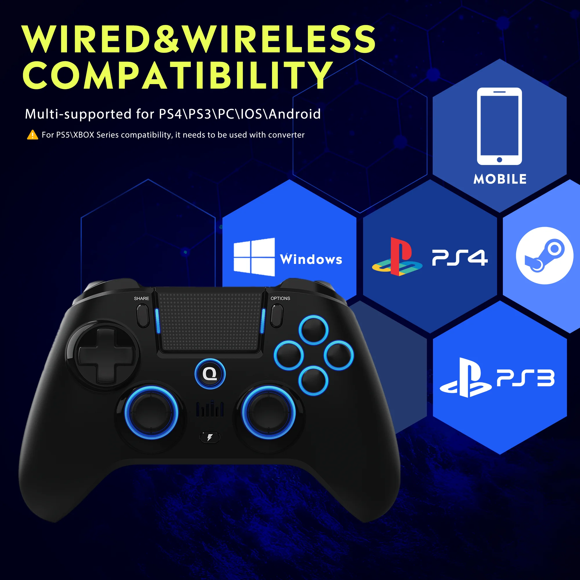 Controlador inalámbrico Original QRD Spark N5 para PS5, PS4, PS3, IOS, Android, PC, luces LED de 8 colores, efecto de vibración, mando PS5