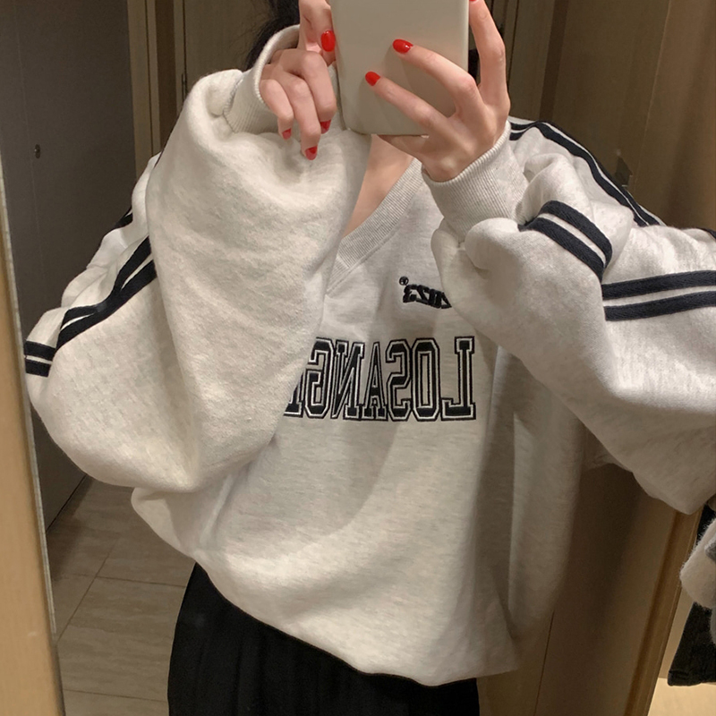 シックな冬甘いユニークな V ネックカラーブロックレタープリントデザインルーズ多用途長袖パーカー韓国スタイル通勤