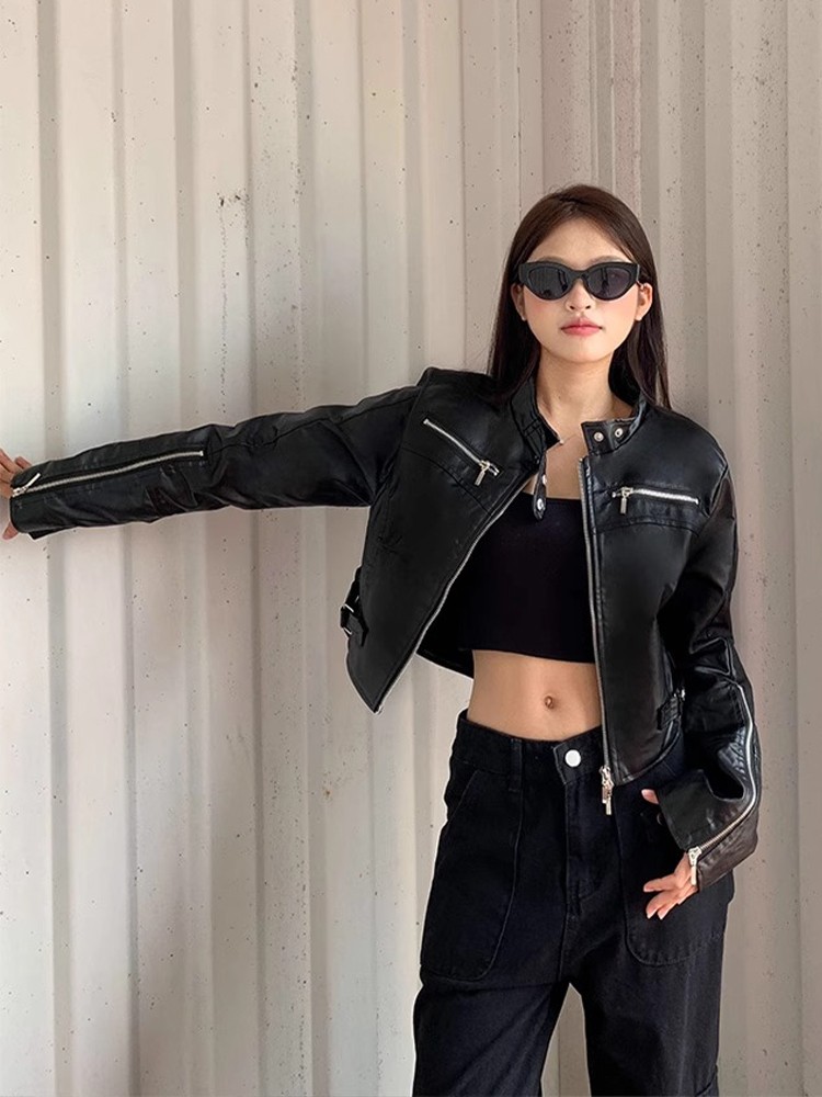 Spring 2025 Women's Slim Fit Short Leather Jacket American Retro Sle Sexy Girl High End Feelings Outerwear Zipper Design
