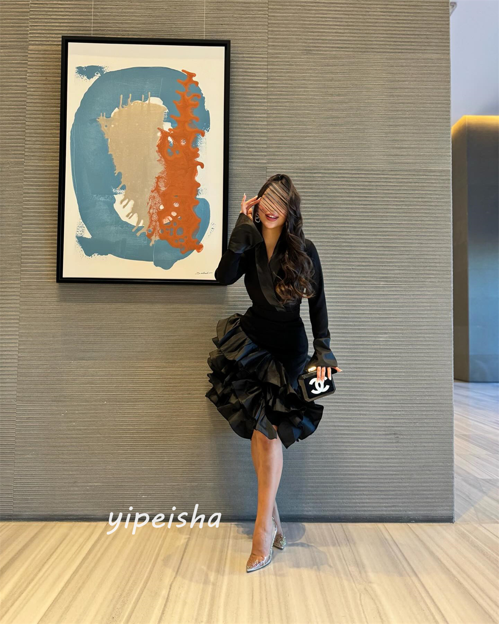 Customizeds Tiered Pleat Cocktail Party A-line V-Neck Bespoke Occasion Dresses Knee-Length