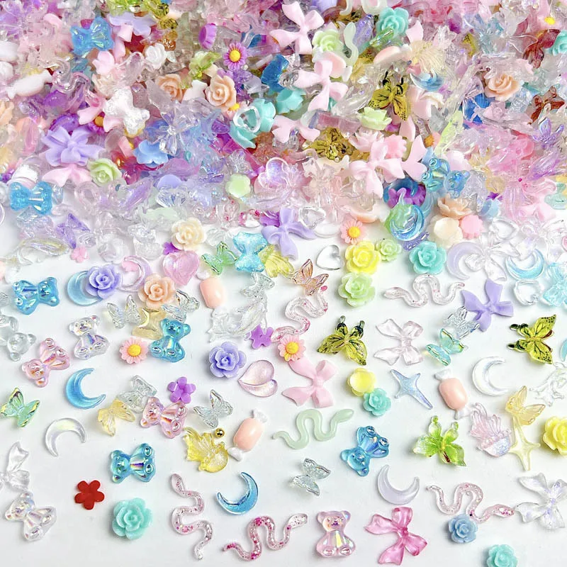 100 pçs aleatório misturado morango flores encantos do prego resina doce flatback lua arte do prego decoração acessórios manicure diy