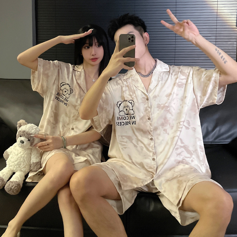 Femmes glace soie pyjamas ensemble dessin animé ours vêtements de nuit vêtements de détente bouton-bas Pyjama hommes Pijama Homewear ensemble short et haut pour les Couples