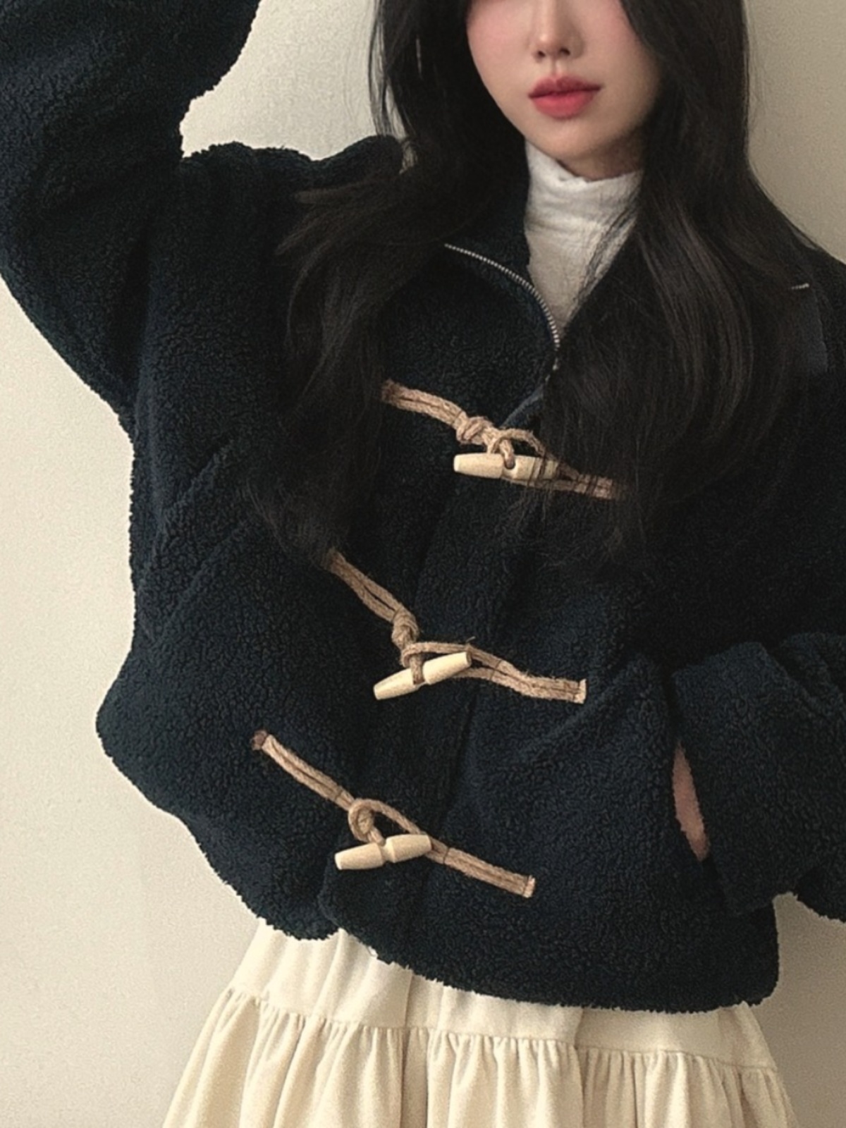 Women's Winter Coat Loose Fit Cotton Jacket Shoulder Length Korean Sle Design Sense Fur Collar Button up Casual Outerwear