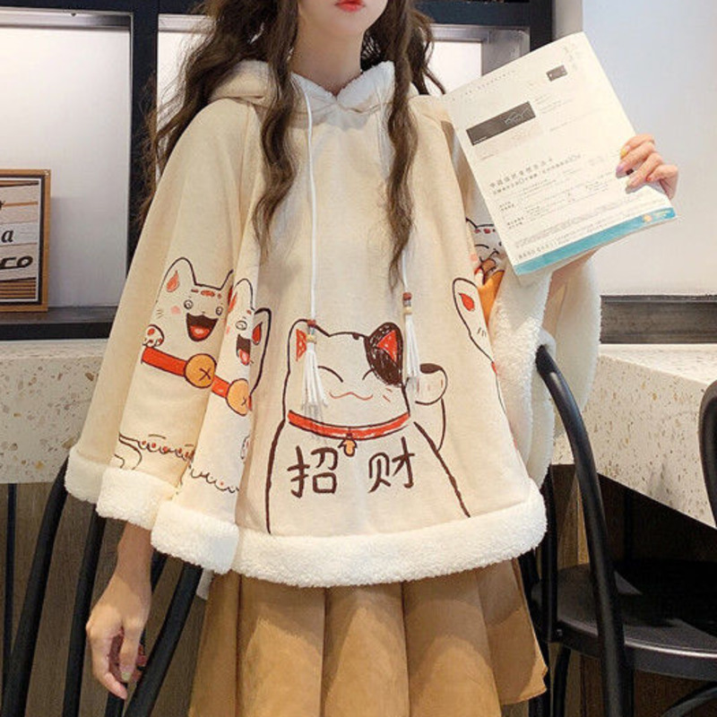2024, весенне-осенний плащ Harajuku Kawaii, верхняя одежда с капюшоном и ушками, японская флисовая накидка Lucky Cat, свободный пуловер, топ с рукавами «летучая мышь»
