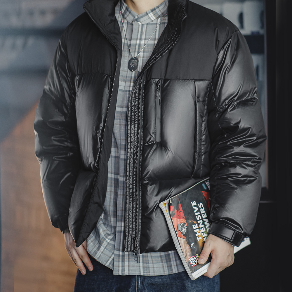 Maden Black Spliced Down Jacket with 90% White Duck Down Stand-up Collar Thickened and Cold-proof for Men's Winter Warm Coat