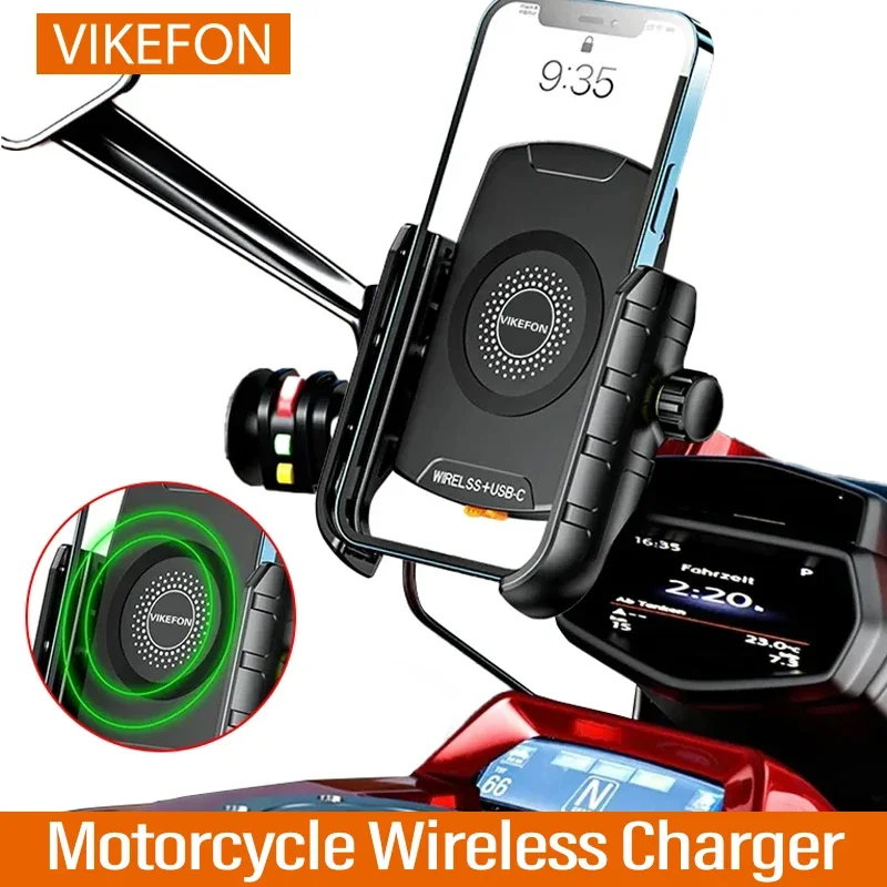 Suporte do telefone da motocicleta com carregador sem fio, celular Mount, Moto Moto Moto Espelho, suporte móvel Stand, carregamento rápido USB
