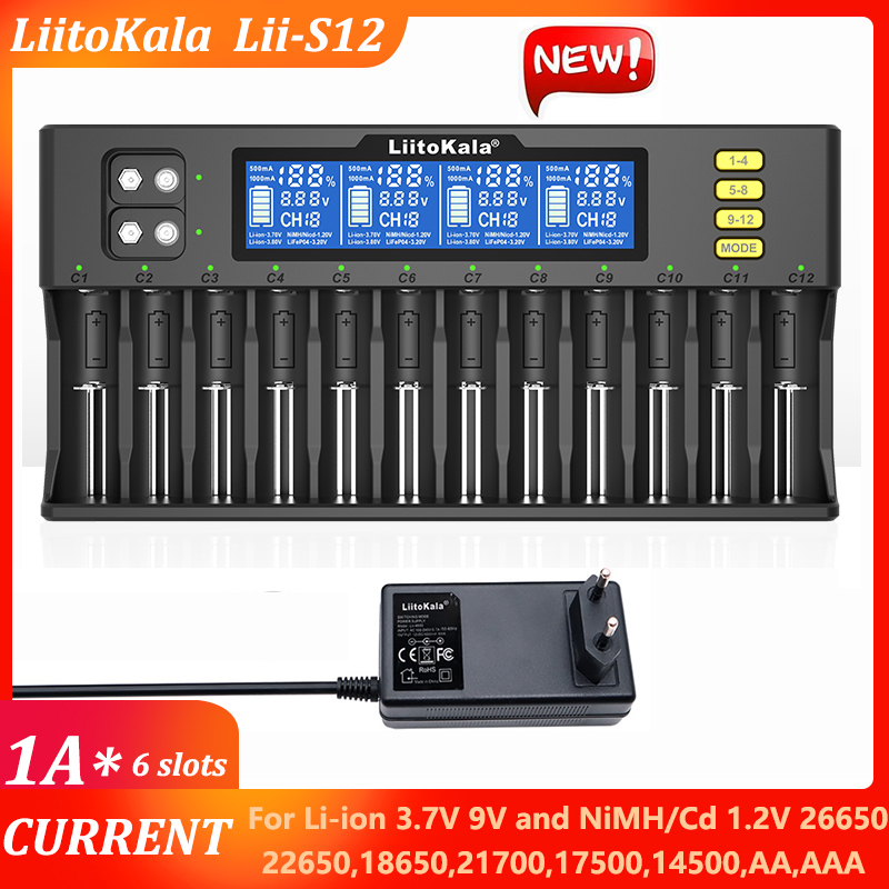 Liitokala Lii-S12 Lii-D4XL 21700 Carregador de bateria, carregamento 18650 18350 18500 32700 20700B 10440 26650 1.2V 3.7V 9V AA /AAA Ni-MH