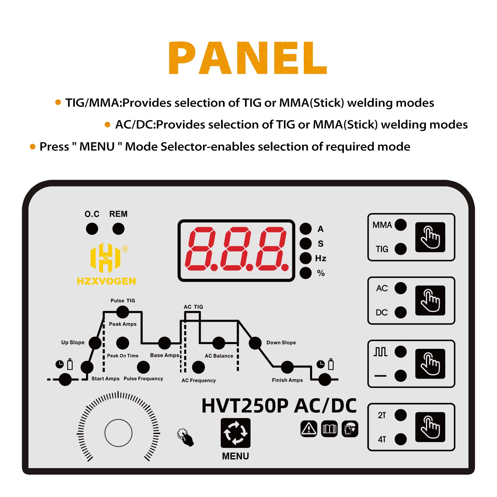 HZXVOGEN 4 в 1 HF TIG AC/DC Аппарат для алюминия MMA ARC Аргон Точный цифровой импульсный сварочный аппарат TIG 2T/4T Нержавеющий HVT250P