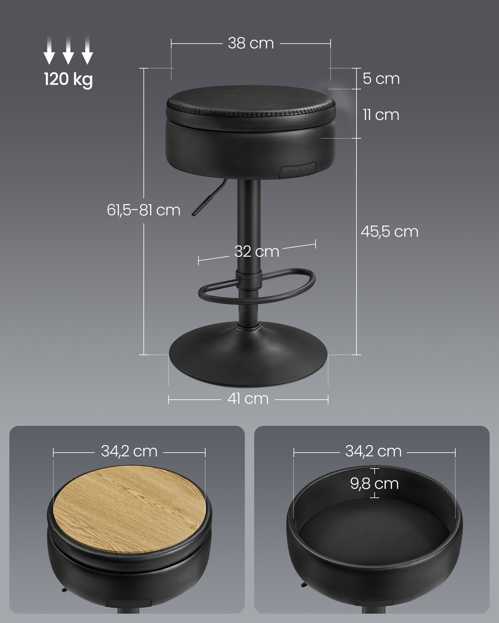 VASAGLE Tabouret de Bar Pivotant à 360 °   Noir d'Encre - Hauteur Réglable - Rangement